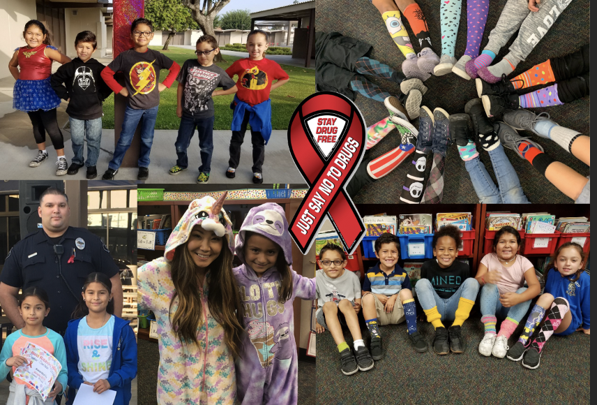 collage of kids in spirit day dress (crazy socks, pj, super hero) with red ribbon graphic