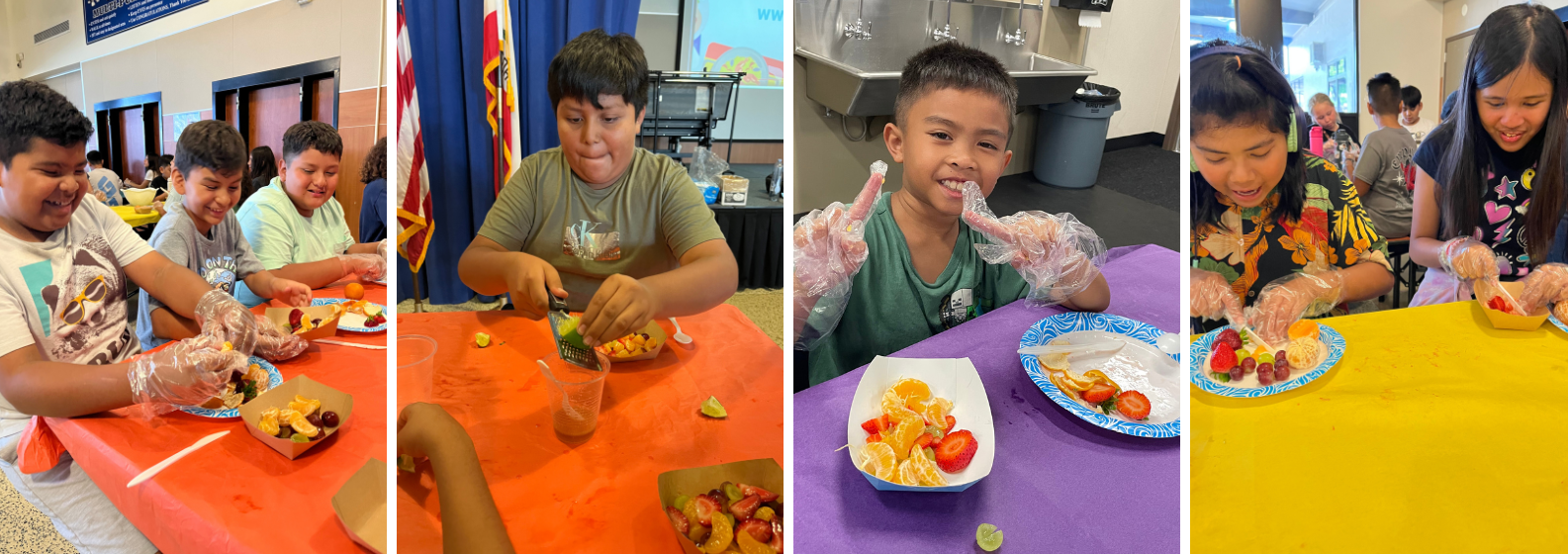 Children making fruit salad in cooking club