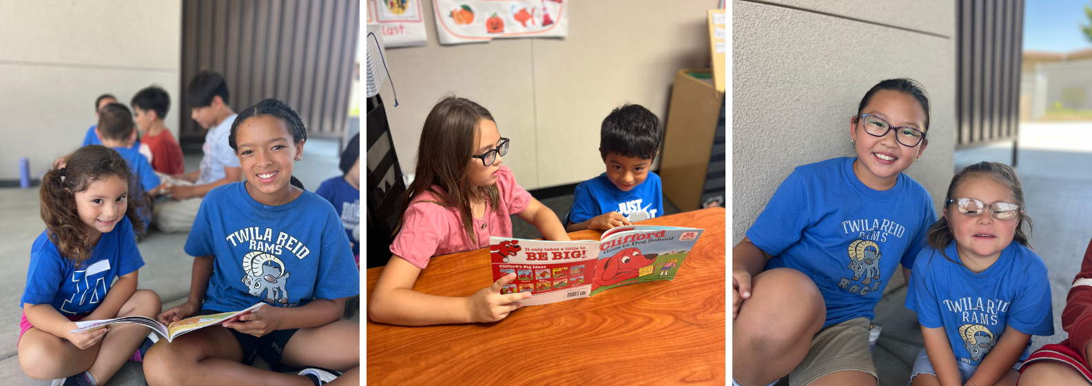Fifth grade students and their little transitional kindergarten buddies reading together