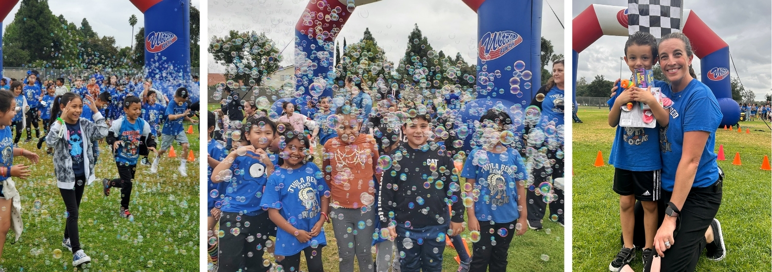 students with bubble run